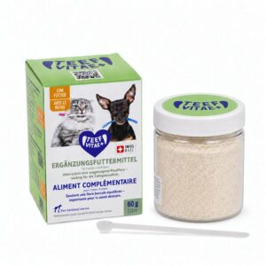 TEEF Vitae+ Futter 60g mit grüner Faltschachtel, hoher Dose und Dosierlöffel