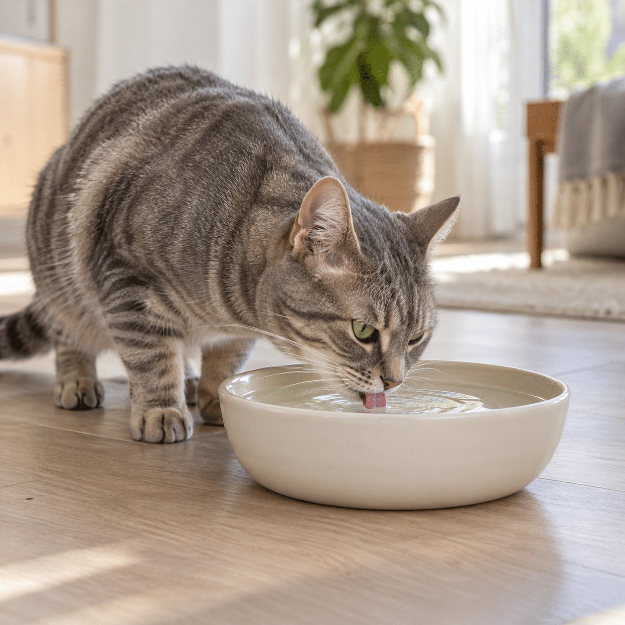 Gato bebiendo agua de un cuenco