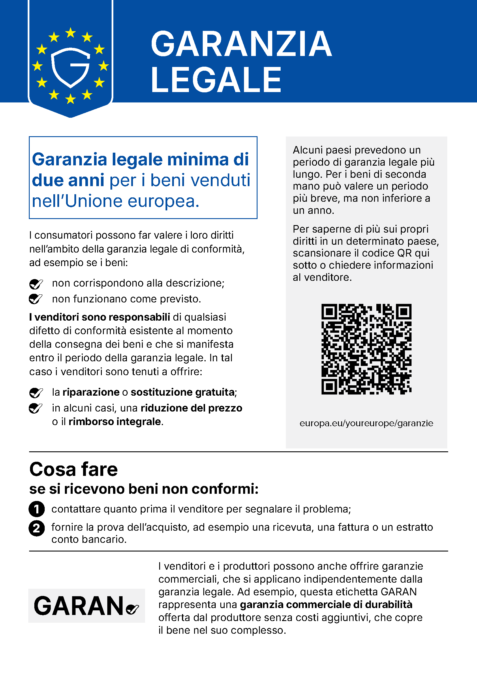 Legal Guarantee Label: Goods sold in the European Union are covered by a legal guarantee of at least two years. If goods do not match their description or do not function as intended, contact the seller and provide proof of purchase. The seller must provide a free repair or replacement or, in certain cases, a price reduction or full refund.